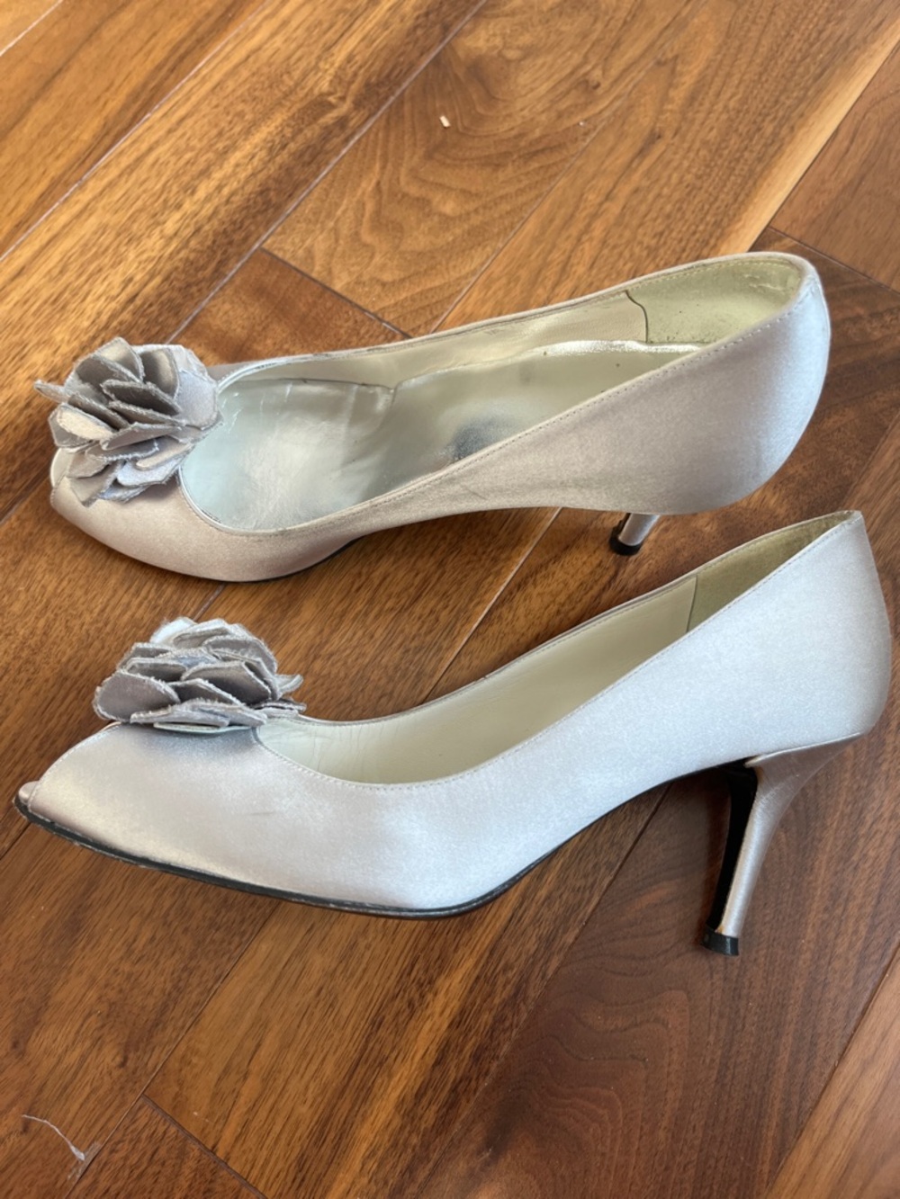 Stuart Weitzman Silver Satin Peep-Toe Pumps with Floral Appliqué